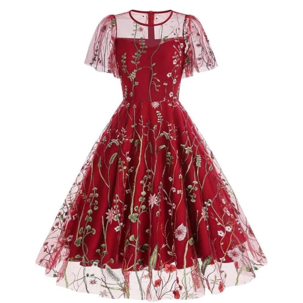 Red Ruffle Floral Embroidered Mesh Sleeve Dress - Size S - NWT